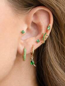 6pcs Creative Green Micro-Inlaid Zirconia Dinosaur Animal Stud Earrings, Minimalist & Fashionable, Versatile
