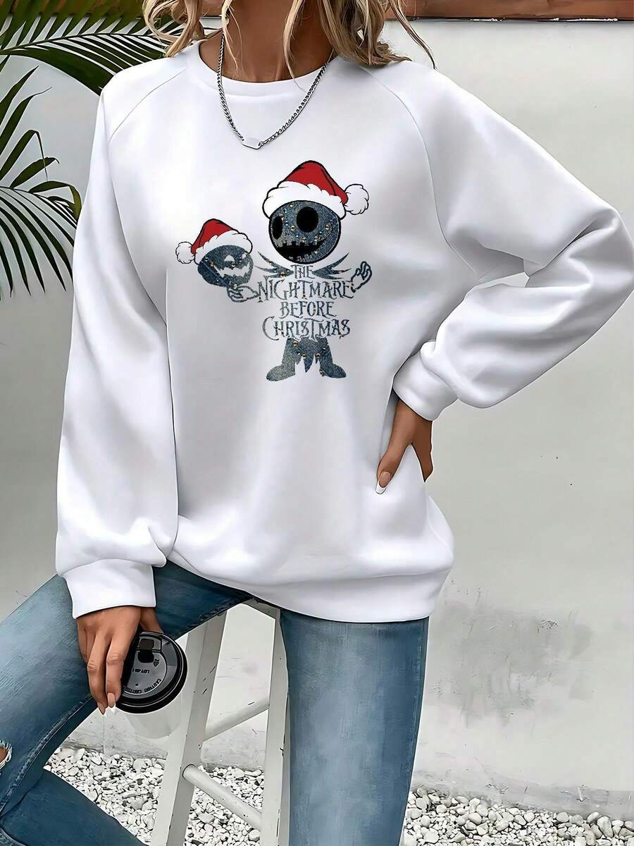 Women's Nightmare Before Christmas Sweatshirt - Tim Inspired Jack Skellington & Sally Graphic, Cozy Fall Winter Pullover For Halloween & Christmas, Casual Long Sleeve Round Neck Sweater (Machine Washable), Playful Cartoon Design, Soft Comfortable Fabric For Working, Shopping & Exercising At Home, Festive Holiday Style - 白色 - 查看 1