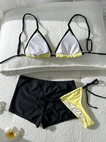 3件組女款泳裝，休閒泳褲比基尼，復古海灘健身套裝，Y2K世界盃度假返校夏季泳衣 - 黃色黑色 - 查看 4