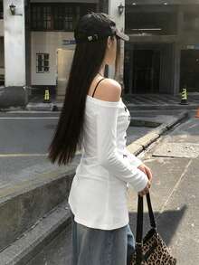 Unique Asymmetrical White Shoulder Strap Casual Long Sleeve T-Shirt, Early Autumn New Style For Fashionable Women - White - View 8
