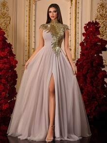 Vestido de Festa Longo de Tule com Lantejoulas Rosa Antigo de Gola Alta para Mulheres com Fenda, Vestido de Formatura Elegante, Vestido de Baile Longo Brilhante, Vestido de Gala, Roupa de Tapete Vermelho, Vestido Longo Estilo A-Line, Vestido de Convidada de Casamento, Vestido de Concurso, Roupa de Evento Formal, Vestido de Formatura, Vestido de Madrinha, Vestido de Tule para Ocasiões Especiais