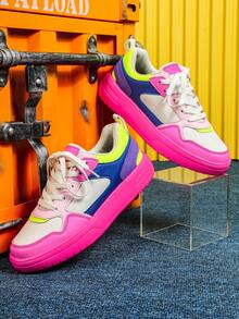 Women's Casual Athletic Shoes, Dopamine-Enhanced Colorful Low-Top Lace-Up Skate Shoes, EVA Soft Sole For Comfort And Durability, Suitable For Everyday Wear, Commuting, Travel, And As A Holiday Gift. - 粉紅藍玫紅 - 查看 4