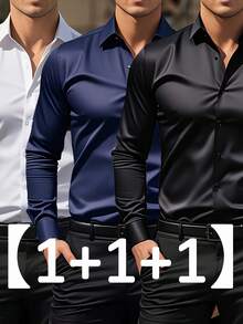Men's Three-Piece Set, Solid Color Long-Sleeved Business Shirt, Formal And Professional Work Shirt, Suitable For Office Work And Business Travel, Office Wear, Business Attire, Corporate Men, Professionals On The Job, High-Quality Material - 黑色 - 查看 1