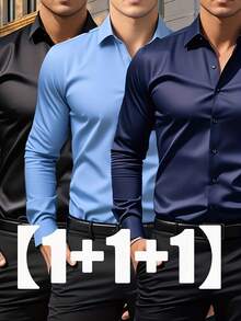 Men's Three-Piece Set, Solid Color Long-Sleeved Business Shirt, Formal And Professional Work Shirt, Suitable For Office Work And Business Travel, Office Wear, Business Attire, Corporate Men, Professionals On The Job, High-Quality Material - 淺藍色 - 查看 2