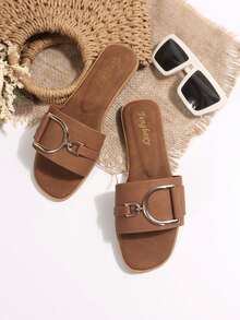Nuevas sandalias de playa con hebilla metálica en forma de D de unicolor y de moda - Óxido marrón - Ver 3