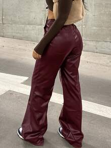 Women Spring American Stylish Glossy Coated Straight Leg High Waist Fashion Casual Faux Leather Wide Leg Pants - Burgundy - View 5