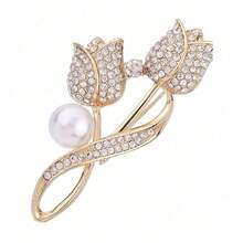 2025 Laprio 1pc Brooch Rhinestone Tulip Flower Brooch Anti-Glare Suit Brooch Collar Pin Jewelry - Yellow Gold - View 7