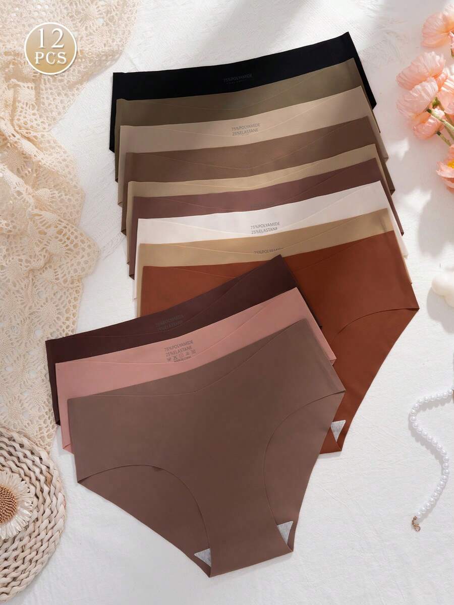 12pcs/Pack Women's Nylon V-Waist Seamless Comfortable Breathable Lift Adhesive Thong Panties - Multicolor - View 1