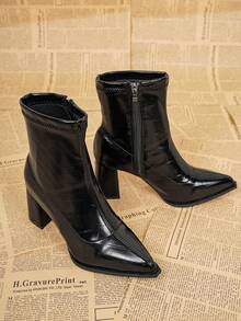 秋冬新款英伦风鳄鱼纹漆皮短靴，黑色优雅粗跟短靴，复古尖头金属侧拉链靴，粗跟切尔西靴，美式中跟西部靴，时尚短筒靴 - 黑色 - 查看 7