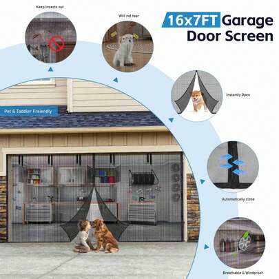 16x7FT Garage Door Screen Sturdy PET Garage Screen Door Magnetic Screen Doors For 1 Car Garage Garage Screen With Heavy Duty Weight Bar