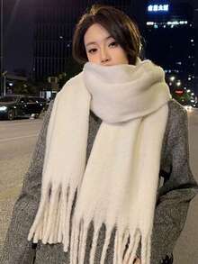 1pc Solid Color Scarf, Winter Warm Neck, Thickened Wool Knitted Thick Fringed Shawl, Can Be Worn - White - View 10