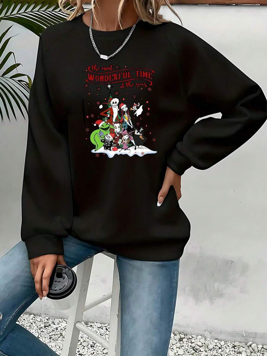 Women's Nightmare Before Christmas Sweatshirt - Tim 's Iconic Characters Jack Skellington & Sally, Cozy Crewneck Pullover For Fall/Winter, Casual Graphic Sweater For Fans, Machine Washable - 黑色 - 查看 1