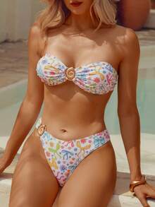wohenmeili Bộ bikini quây in nơ dành cho nữ, thích hợp cho kỳ nghỉ biển. - Nền trắng - Xem 1