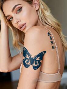 CAT QUEEN ART Herbal Juice Semi-Permanent Y2K Large Floral Arm Tattoo Sticker, Minimalist Word Character Butterfly Pattern, 1-2 Weeks No Fading, Wrist Shoulder Neck Body Tattoo Sticker, 1pc/Pack - Blue - View 5