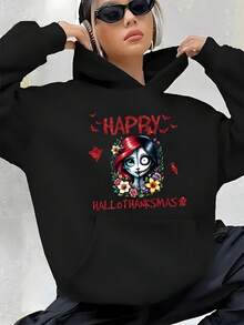 Women'S Gothic Nightmare Before Christmas Sally Hooded Sweatshirt - Tim Inspired All-Season Comfortable Pullover With Jack Skellington & Sally Graphic, S-XXL Sizes, Casual & Themed Events, Soft Fabric For Year-Round Wear (Officially Inspired Collect - 黑色 - 查看 1