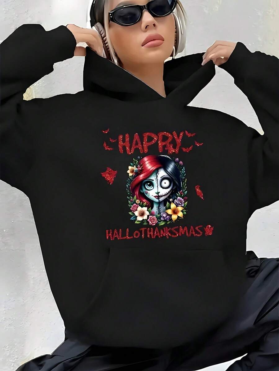 Women'S Gothic Nightmare Before Christmas Sally Hooded Sweatshirt - Tim Inspired All-Season Comfortable Pullover With Jack Skellington & Sally Graphic, S-XXL Sizes, Casual & Themed Events, Soft Fabric For Year-Round Wear (Officially Inspired Collect - 黑色 - 查看 1
