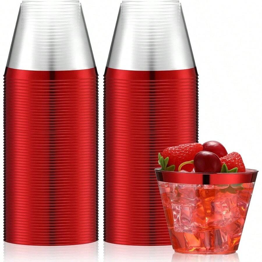 D50 Pcs Plastic Cups 9 Oz Rimmed Plastic Cups Heavy Duty Disposable Wine Glasses Cocktail Glasses Drinking Tumblers For Thanksgiving Christmas Birthday Valentine Easter Wedding Party Red - 紅色 - 查看 1