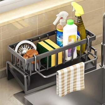 Multifunctional Stainless Steel Kitchen And Bathroom Storage Shelf, Storage Rack Kitchen Faucet, Sink, Drain Pipe, Kitchen Board, Drain Cover, Drip Tray Detergent, Storage Shelf, Storage Space Shelf, Storage Rack Without Holes And No Need For Installation, Can Hang Cleaning Cloth, Can Pile Up Cleaning Tools, Kitchen