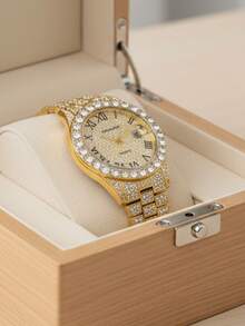 1pc Men's Gold Steel Band Fashion Rhinestone Hip Hop Style Casual Quartz Wrist Watch, Suitable For European And American Youth And Students - one-size - View 2