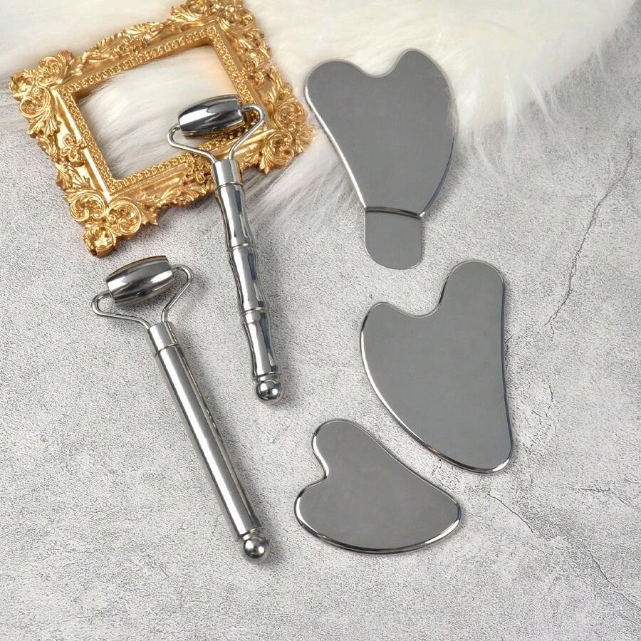 1pc Stainless Steel Roller With Handle, Heart-Shaped Face Massage Beauty Bar, Meridian Acupressure Massage Stick, Fragrance-Free, Suitable For Facial Relaxation - Multicolor - View 1