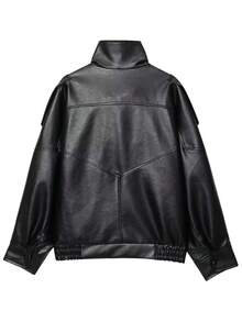 Women's Fashionable Street-Style Black Leather Jacket, New Autumn/Winter Long Sleeve Motorcycle Jacket