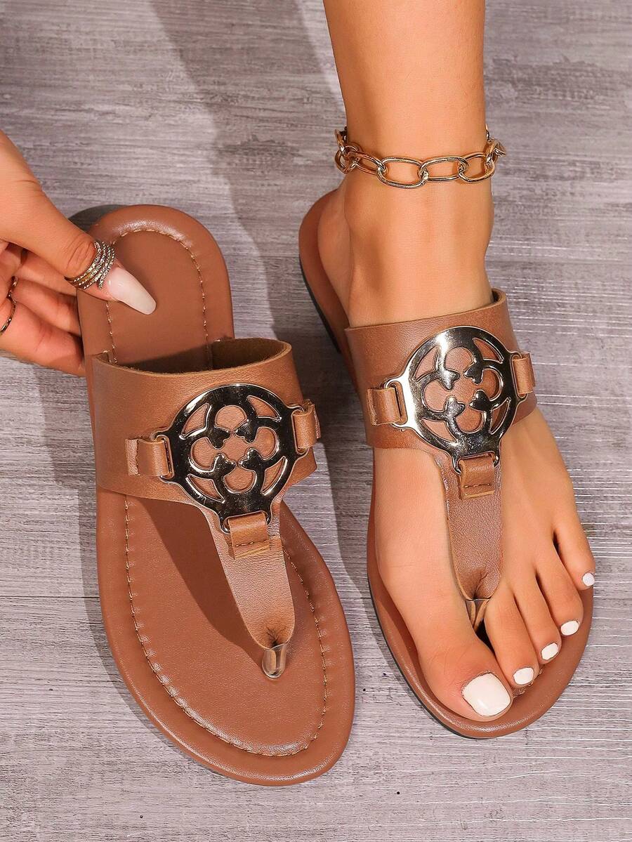 Women's Wide Fit Metallic Decor Casual & Fashionable Soft Padded Slide Sandals With Open Toe And Lightweight Flat Sole - Brown - View 1