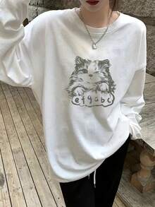 Áo thun cotton dài tay in họa tiết hoạt hình dáng rộng rãi cho nữ, đa năng cho mùa xuân và mùa thu - trắng - Xem 3