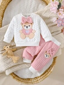 Newborn Baby Girls Cute Bear & Bow Flocked Embroidered Long Sleeve Top And Contrast Color Simple Long Pants 2 Pieces Outfit