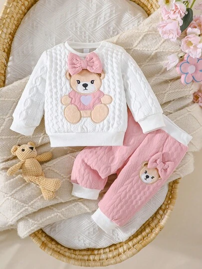 Newborn Baby Girls Cute Bear & Bow Flocked Embroidered Long Sleeve Top And Contrast Color Simple Long Pants 2 Pieces Outfit