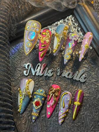 10pcs Stiletto Nail Set, Handmade Nail ArtStickers,3D Three-Dimensional Nail Rhinestone Steel Ball Accessories, Colorful Shiny Nail Gems, Flower&Butterfly Design, Light Purple&Rose Red&Gold Chrome&Blue Purple Cat Eyes, Hand Drawn Geometric Patterns In Y2k Style Wearable NailArt Set Suitable For Women To WearDaily Parties (With: A Piece Of JellyGlue And A Friction Strip) Nail SuppliesNails