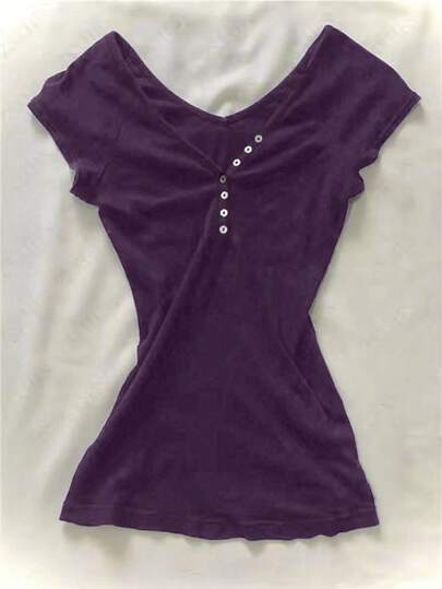 Punk Style Women's Vintage Solid Color Casual Street Wear Short Sleeve Button Pleated Fashionable Blouse, Sweet Girl Harajuku Y2K T-Shirt