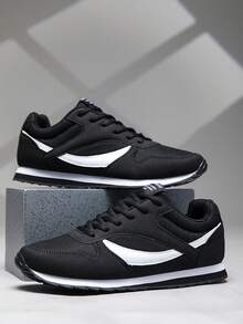 Men's Style Lightweight Comfortable Flat Casual Shoes Round Toe Lace-Up Versatile Fashion Running Sports Shoes - Black and White - View 4