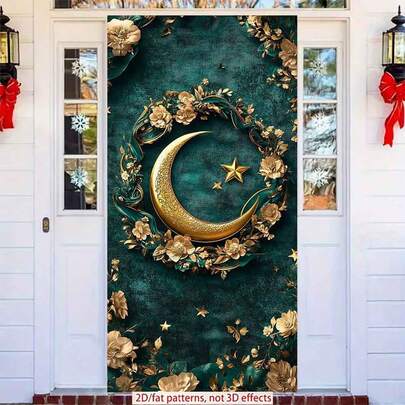 2D Polyester Ramadan Door Banner 1pc A Golden Crescent Moon With Intricate Patterns, Surrounded By A Floral Wreath, Stars, And Set Against A Teal - Green Background. Eid Al-Fitr Photo Props And Supplies, Suitable For Muslim Ramadan And Eid Al-Adha Celebrations, Islamic-Themed Holiday Decorations