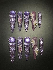 Each Set Consists Of 10 Pieces Of Handmade Y2K Fine High-Heeled Acrylic Nail Plates, Designed In French Style With Full Diamond And Petal Decorations, Available In Purple And Nude Colors. 3 Sizes To Fit, Suitable For Parties, Dances, And Daily Wear, Comes With A Nail Kit, Making It An Ideal Press On Nails Gift For Ladies And Girls. Nail Supplies - Multicolor - View 2