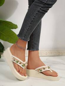 Papuci de primăvară/vară cu platformă boemă pentru vacanță în EVA, sandale pentru femei cu decor de lanț și coajă de plajă - Bej - Vizualizare 5