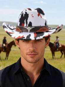 1pc Unisex Bull Head Decor Cow Print Western Cowboy Hat - For Travel Leisure, Daily Wear, Bar & Western Theme Parties - Multicolor - View 2
