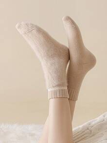 3 Paar Damen Dicke einfarbige thermisch gefütterte Wollmischsocken, Schwarz/Weiß/Khaki, warm, weich, bequem, kältebeständig, Lässig, geeignet für Zuhause, Herbst/Winter