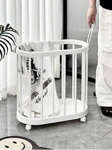 1pc Laundry Basket Household Dirty Clothes Storage Bin, Waterproof Bathroom Hamper With Large Capacity And Wheels - White - View 4