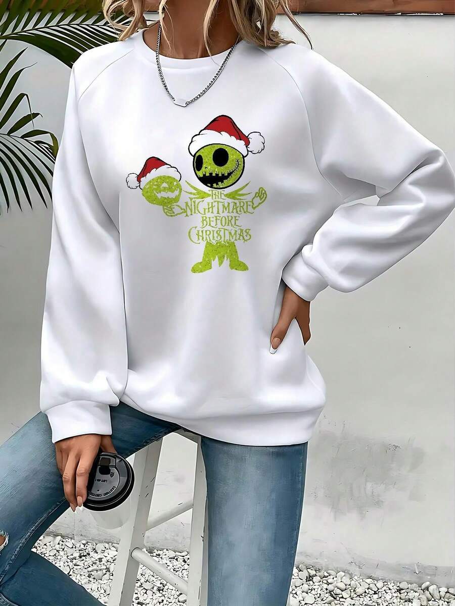 Nightmare Before Christmas Women's Sweatshirt - Tim Inspired Green  & Sally Graphic, Cozy Round Neck Pullover For Fall Winter, Casual & Themed Events (Officially Licensed) - 白色 - 查看 1