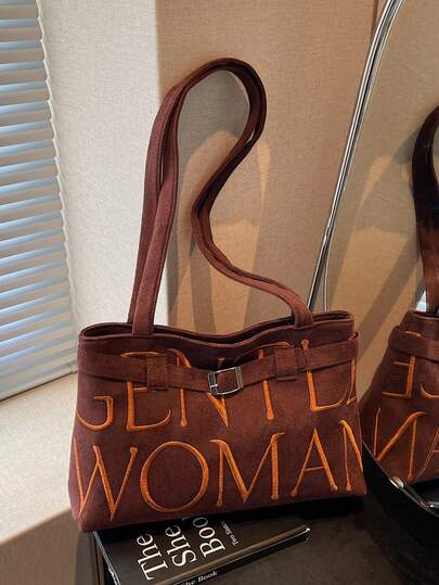 2025 New Arrival Color Block Letter Tote Bag, Fashion College Style Niche Casual Large Capacity Shoulder Bag For Women