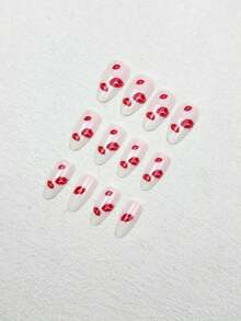 Add A Touch Of Romance With 24pcs, Press On Nails Medium, Simple Daily Routine, Nail Art,French Tip Nails, Light Pink And White Base Color, Almond Nail Tips, Red Lip Print, White Nails,Red Nails, Creative, Romantic And Sweet, Press On Nails Almond,Nail Set, Suitable For Girls And Ladies' Daily Life, Dates, Holidays, Parties, Nail Supplies+1 Piece Of Jelly Glue+1 Rubbing Strip