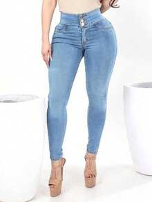 Jeans de cintura alta con alta elasticidad y botones para levantar el trasero, de unicolor para mujer. Moda casual, para citas y uso diario para hombre.