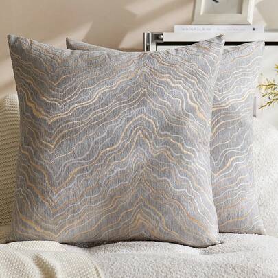 18 x 18 英寸方形海军蓝银色金色抽象条纹刺绣靠垫套，奢华现代抱枕套，装饰枕，适用于沙发、客厅、卧室、汽车（1 件装，2 件装可选）