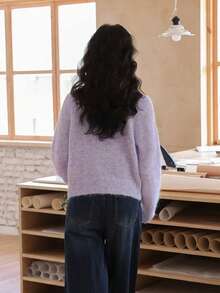 休闲宽松圆领针织开衫，韩版风格 - 紫色 - 查看 5