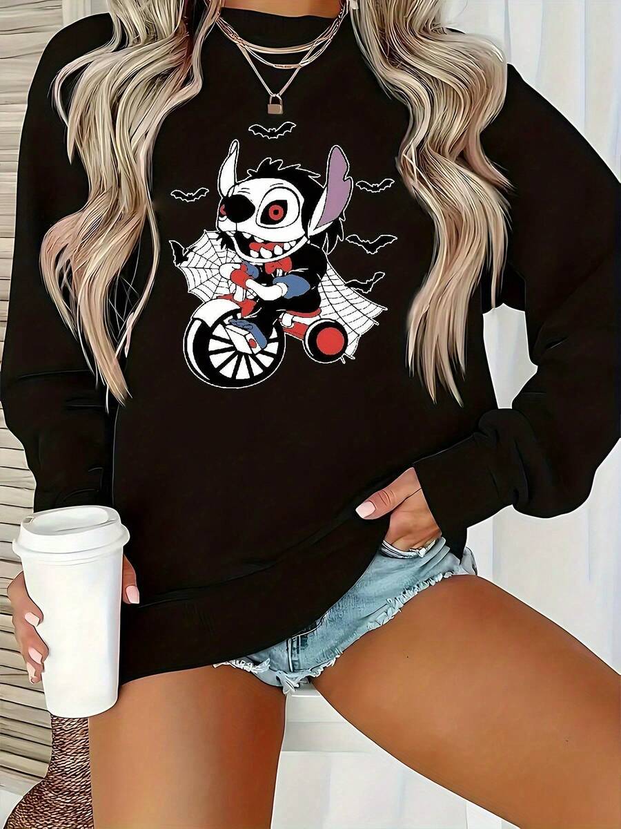 Nightmare Before Christmas Women's Sweatshirt - Tim -Inspired Gothic & Sally Design, Cozy Long Sleeve Round Neck Pullover For Fall/Winter, Casual Sweater For Fans, Machine Washable, Playful Nightmare Before Christmas Theme With Iconic Characters, Soft Comfortable Fabric For Casual Attire, Perfect For Shopping, Exercising, Or Lounging At Home - 黑色 - 查看 1