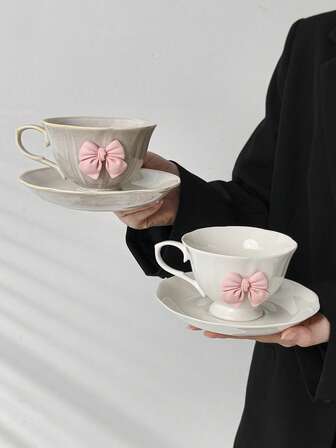 1 Set de taza y platillo de café de diseño francés con flores cerámicas, taza y platillo con lazo adorable, taza de té de la tarde vintage de cerámica para latte, taza para jugo y bebidas, taza de agua para el hogar, taza de leche para el desayuno, plato para pan y postre, taza como regalo para fiestas