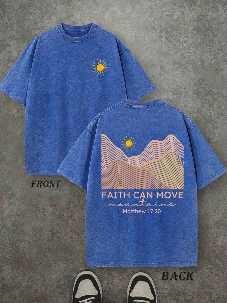 Faith Can Move Mountain Unisex Washed Christian Shirt, Christian Scripture T-Shirt, Vintage Retro Washed Shirt Double Sided Printed (230 Heavyweight Pure Cotton T-Shirt) High Quality Christian T-Shirt, Christian Gifts, Men's And Women's Shirts, Comfortable, Fashion Christian Shirt, Street Style Pure Cotton Fall Shirtwinter Clothes For Women - 寶藍色 - 查看 1