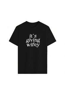 Áo thun "Its Giving Wifey" - Áo dành cho cô dâu tương lai, áo thun tân hôn, quà tặng đính hôn, tuần trăng mật, áo thun ngày cưới, phong cách vợ yêu, áo thun cô dâu màu đen thường ngày mùa hè - màu đen - Xem 3