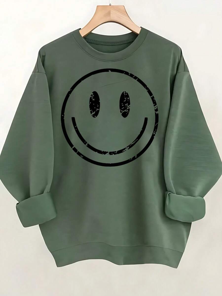 Smile Print Crew Neck Tank Top, Casual Sleeveless Tank Top For Summer, Women's Clothing Fall Clothes For Women Winter Clothes For Women Thanksgiving Outfit Women Thanksgiving Sweatshirt Women - 橄欖綠 - 查看 1