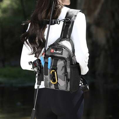 高品质耐用渔具包，带鱼竿支架和多个隔层，优质拉链设计，适合钓鱼和户外活动，可存放钓鱼配件，是送给男士的理想钓鱼礼物，也是钓鱼装备的完美选择。